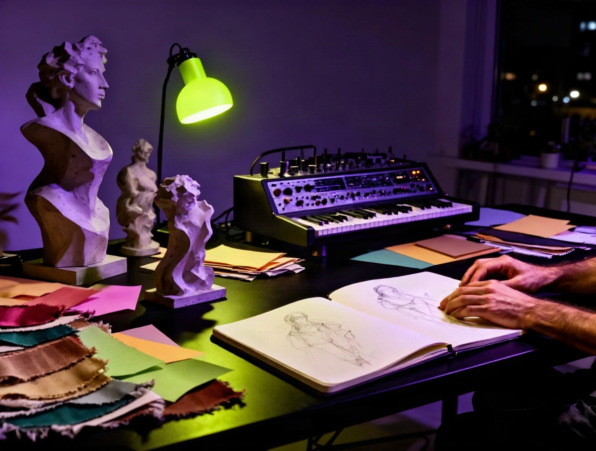 A creative studio table with instruments, materials, and a sketchbook