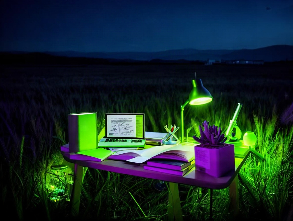 A research table with a notebook, books, and a microscope
