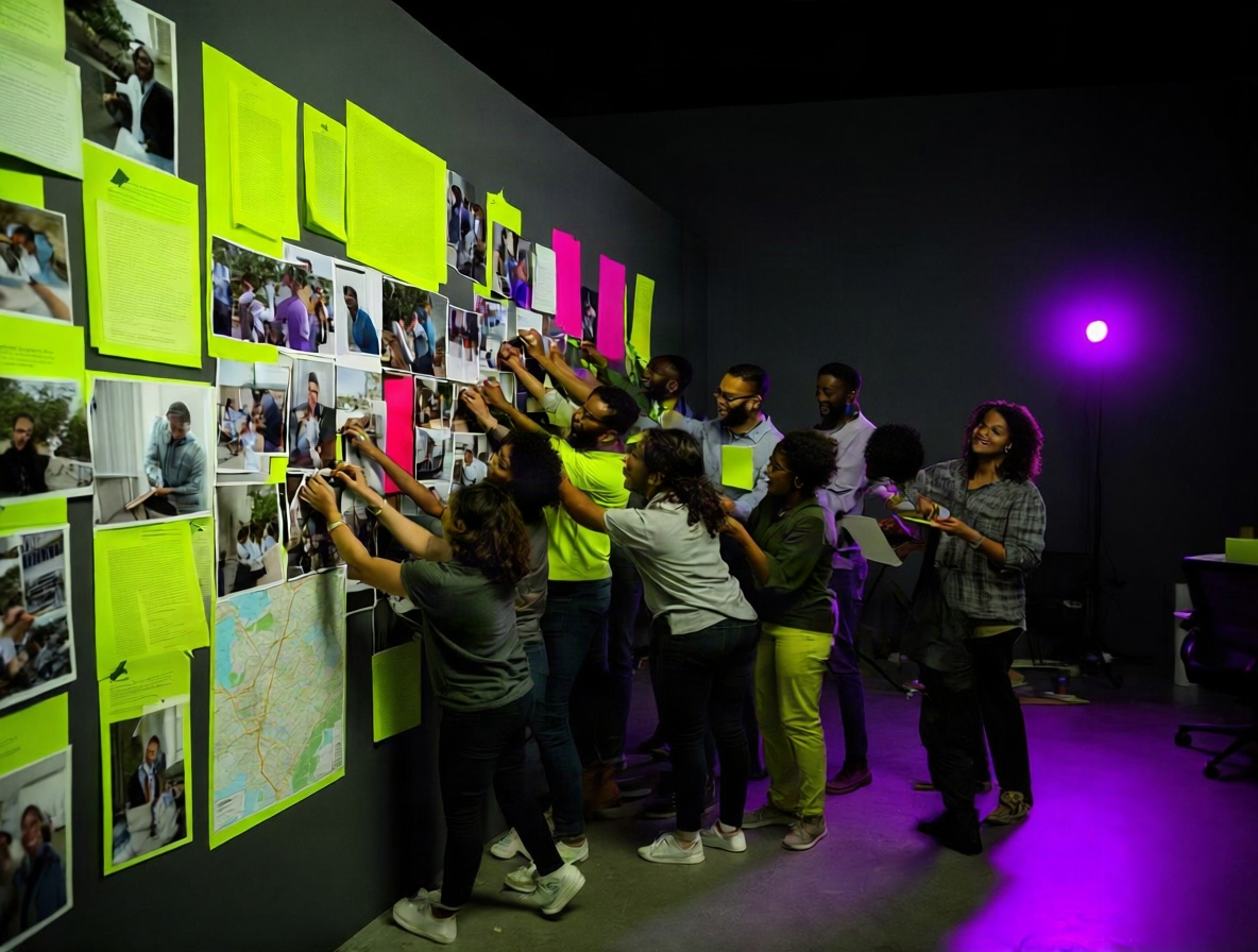 People assembling a collaborative wall of images and ideas